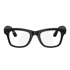 Black smart glasses with built-in cameras on the temples, shown from a front-facing angle on a light gray background with a soft reflection.