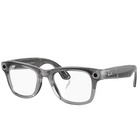 Gray translucent smart glasses with circular camera lenses on the temples, shown on a clean white background with a soft reflection.