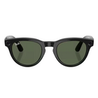 Black Ray-Ban-style sunglasses with dark green lenses and visible camera lenses on the temples, shown on a light gray background with a reflection.