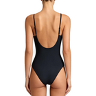 Ladies Solid Color U-Neck Spaghetti Strap One Piece Swimsuit - Black