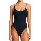 Ladies Solid Color U-Neck Spaghetti Strap One Piece Swimsuit - Black