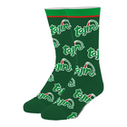 A pair of dark green crew socks featuring a repeating white 'tajin' logo pattern with a small red accent on the logo, shown against a plain white background.