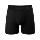 Black men's boxer briefs with a contoured pouch and a wide elastic waistband featuring the 'Shinesty' brand logo in gray, shown on a plain white background.