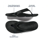 Olukai Tuahine Men’s Waterproof Leather Sandals Black with text highlighting features on a white background