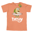 A heathered coral orange short-sleeve t-shirt featuring a cartoon turtle holding a surfboard with the text 'TURTLEY SANTA MONICA-CA' printed below. A yellow 'Local Favorite' tag is attached to the collar.