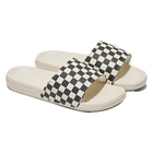 A pair of slide sandals with a black and white checkerboard pattern on the straps and a cream-colored footbed and sole, shown on a plain white background.