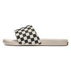 A single slide sandal with a black and white checkerboard patterned strap and a light beige sole, shown in profile against a white background.