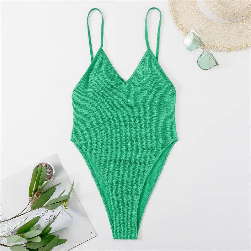 Two Shoulder Wrinkle One Piece Swimwear - Green Front