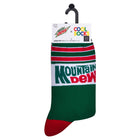Green and red sock with Mountain Dew logo on a white background