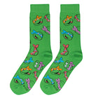 Green socks with cartoon character pattern on a white background