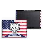 A rectangular magnetic sign featuring a distressed American flag design with a large Route 66 shield emblem and the text 'MAIN STREET, U.S.