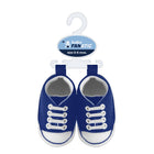 Pair of blue LA Dodgers baby sneakers with white laces on a hanger, branded 'Baby Fanatic'.