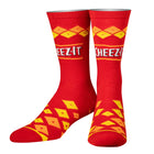 Red socks with yellow diamond patterns and 'CHEEZ-IT' branding on a white background