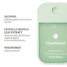 Touchland gentle mist hand sanitizer packaging with ingredients listed on a white background