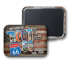 Two square magnets showing the front and back of a '100 Years of Route 66' design. The front features a rustic wood-textured background with colorful 'ROUTE 66' lettering, a blue U.
