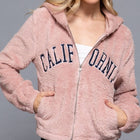 Long Sleeve California Embroidery Faux Fur Hoodie - Dusty Pink