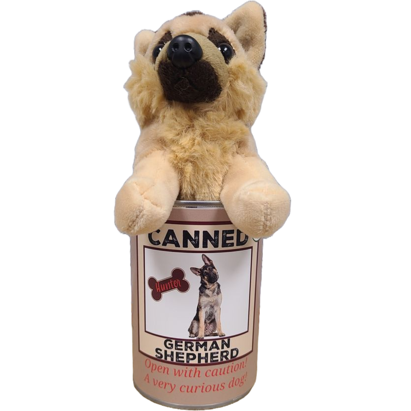 Plush German Shepherd toy inside a can labeled 'Canned German Shepherd' on a white background