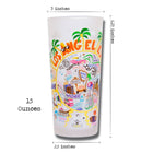 Glass tumbler with Los Angeles-themed design and measurements on a white background