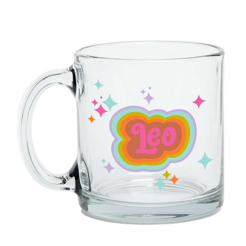 Clear Glass Mug with Text Leo