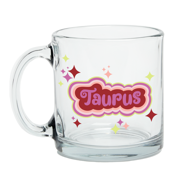 Clear Glass Mug with Text Taurus