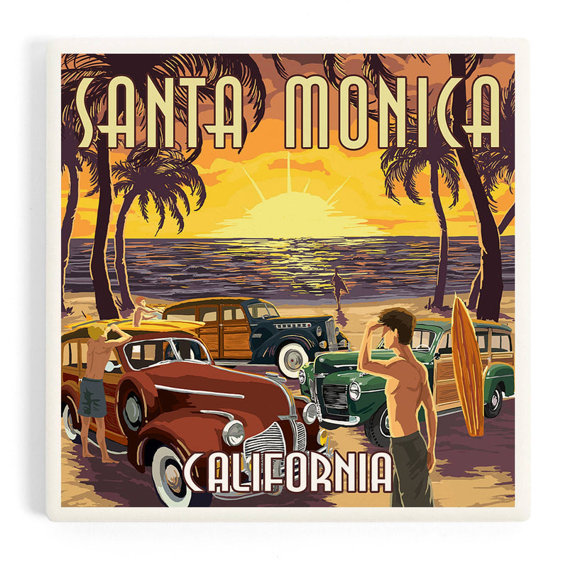 Santa Monica California Woodies and Sunset Ceramic Coaster