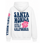 White hoodie with 'Santa Monica Sand 'N Surf California' text and pink flowers on a white background