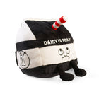 Plush toy resembling a milk carton with a face and 'Dairy is Scary' text on a white background