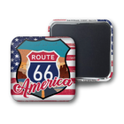 Two square magnets showing the front and back of a Route 66 America design. The front features a shield-shaped Route 66 emblem over a distressed American flag background with red script 'America' text.