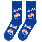 A pair of royal blue crew socks featuring white Pepsi-Cola script logos and red-and-white bottle-cap style logos, shown on a plain white background.