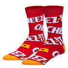 Red socks with text and yellow accents on a white background