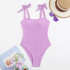 Bowtie Shoulder Solid Color One Piece Swimwear - Purple
