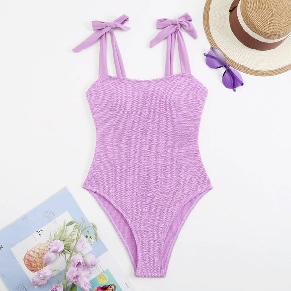 Bowtie Shoulder Solid Color One Piece Swimwear - Purple