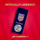 U.S. Soccer officially licensed product packaging on a red background with Iconsports logo.
