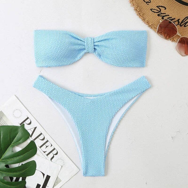 Sweetkama Solid Color Back Tie Swimsuit - Blue