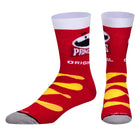 Red socks with yellow stripes and a white logo on a white background