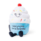 Plush toy resembling a cupcake with text on a white background