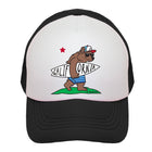 A black and white trucker hat featuring a cartoon bear wearing sunglasses and a cap, holding a sign that says 'CALIFORNIA' with a red star above, on a white front panel and black mesh sides.