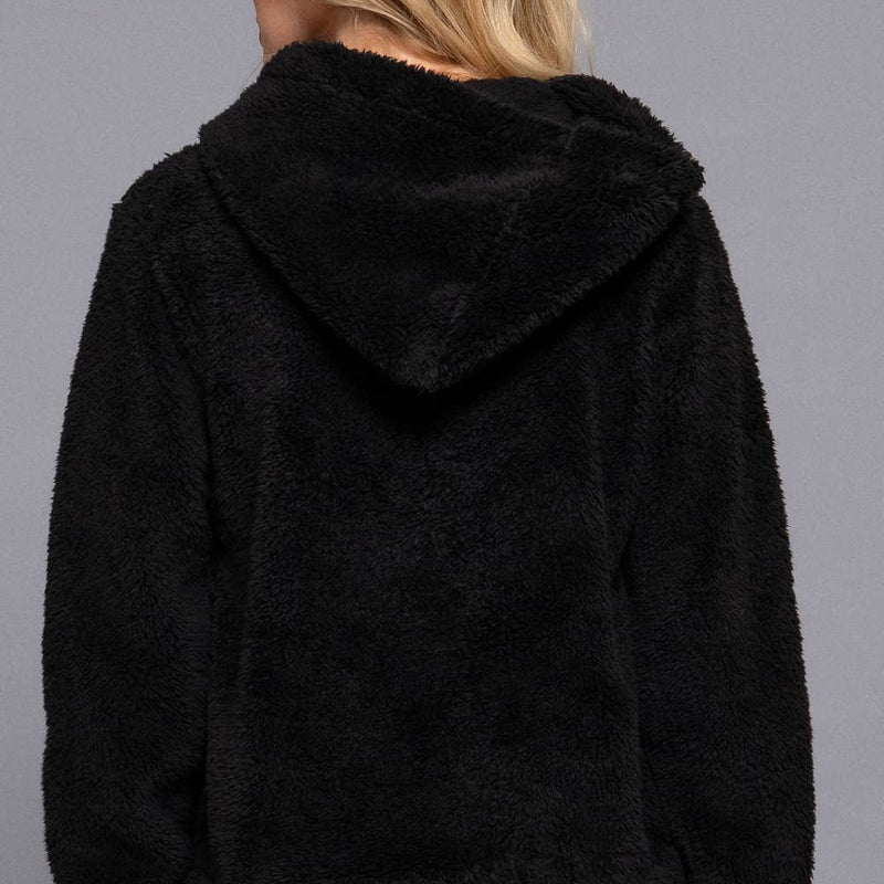 Long Sleeve California Embroidery Hooded Faux Fur Jacket - Black (Back)