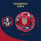 Red and blue soccer ball with USA logo on a dark blue background