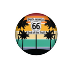 A round pinback button featuring a retro sunset design with Route 66 'Santa Monica' and 'End of the Trail' text, black palm tree silhouettes, and a sunset gradient background.