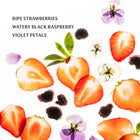 Illustration of ripe strawberries, black raspberries, and violet petals on a white background.