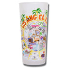 Colorful glass with Los Angeles-themed illustrations on a white background