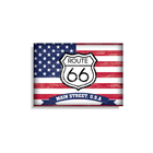 A rectangular decorative magnet featuring a distressed American flag background with a central Route 66 shield and a blue banner reading 'MAIN STREET, U.S.