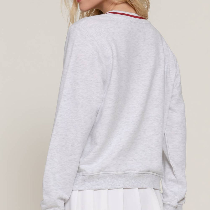 Long Sleeve V-Neck Embroidered Detail Sweatshirt - Grey Marl/Red (back)
