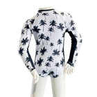 White long-sleeve shirt with palm tree pattern on a mannequin against a white background