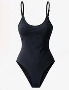Ladies Solid Color U-Neck Spaghetti Strap One Piece Swimsuit - Black
