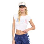 Model wearing USA Bow Graphic Ivory Short Sleeve Knit Crop Top