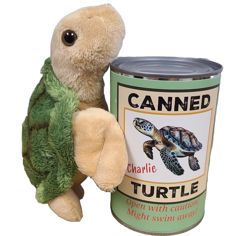 Plush turtle toy next to a can labeled 'Canned Turtle' with a humorous label