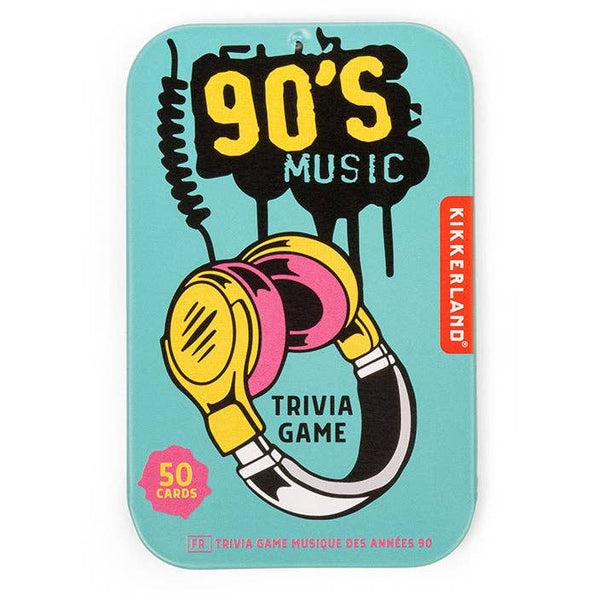 90s Music Trivia Game packaging with headphones design on a blue background