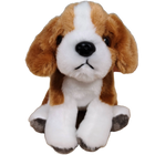 Plush toy dog with brown, white, and black fur on a white background